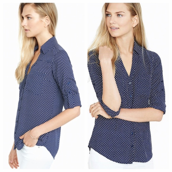 Express Portofino Slim Fit Navy Polka Dot Shirt - Picture 10 of 10